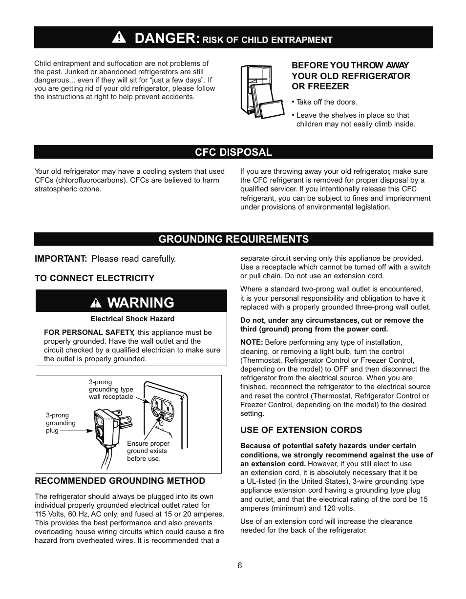 Warning, Danger, Cfc disposal grounding requirements | LG LRBN2271 User Manual | Page 6 / 26