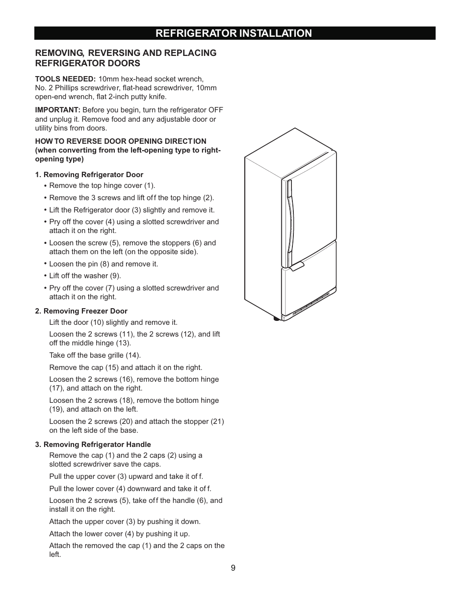 Refrigerator installation | LG LRBN2271 User Manual | Page 9 / 26