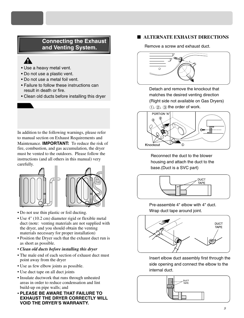 Part 3 initial steps for installing your dryer, Warning | LG DLE0442S User Manual | Page 10 / 62