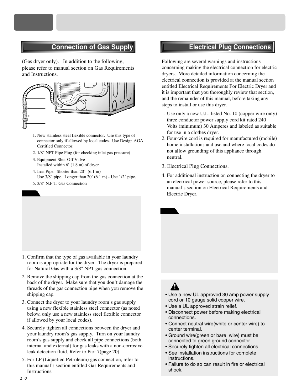 Part 3 initial steps for installing your dryer, Warning, Step 4 connection of gas supply | Step 5 electrical plug connections | LG DLE0442S User Manual | Page 11 / 62