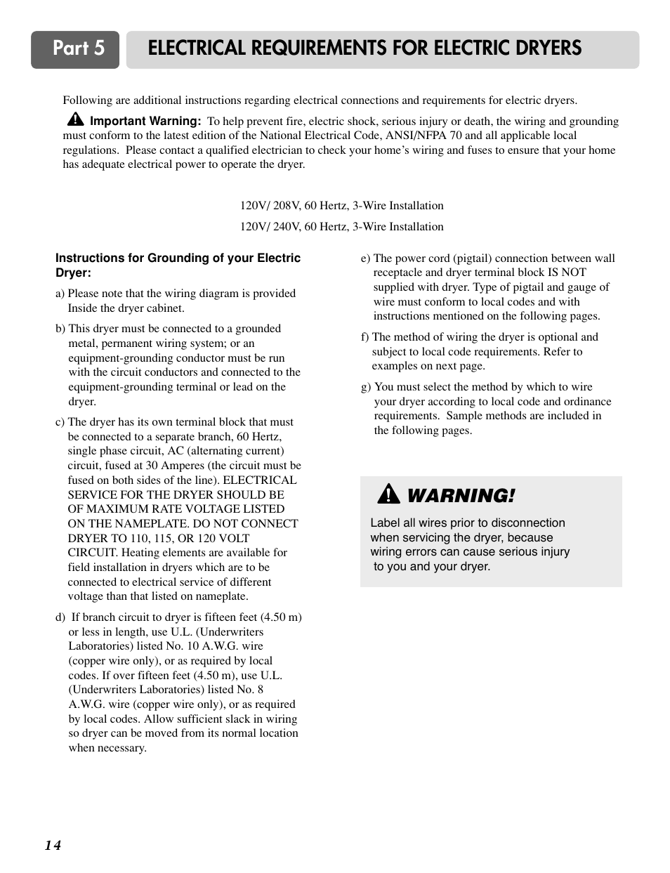 Part 5 electrical requirements for electric dryers, Warning | LG DLE0442S User Manual | Page 15 / 62