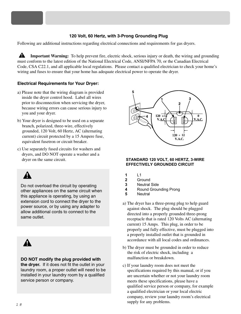 Part 6 electrical requirements for gas dryers, Warning | LG DLE0442S User Manual | Page 19 / 62