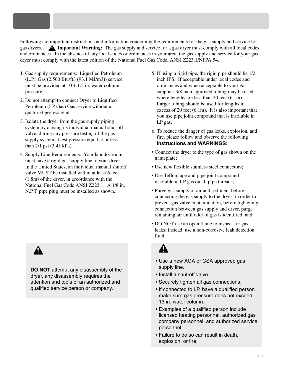 Part 7 gas requirements and instructions, Warning | LG DLE0442S User Manual | Page 20 / 62
