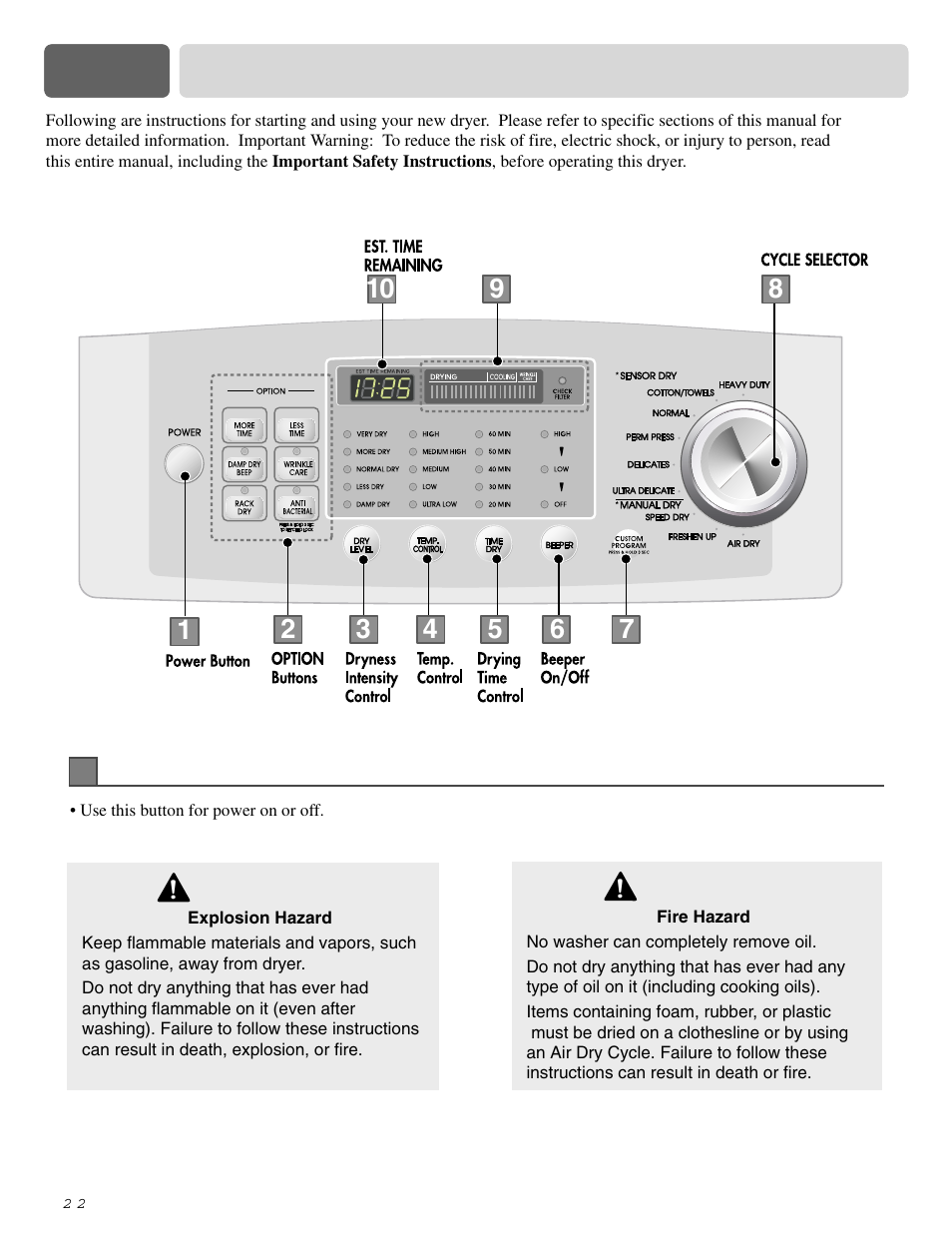 Part 9 operating your dryer | LG DLE0442S User Manual | Page 23 / 62