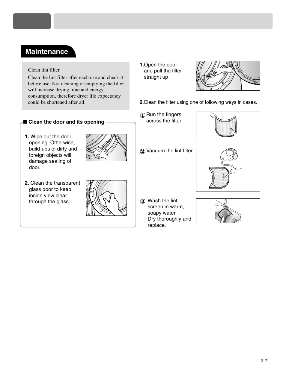 Part 9 operating your dryer, Maintenance | LG DLE0442S User Manual | Page 28 / 62