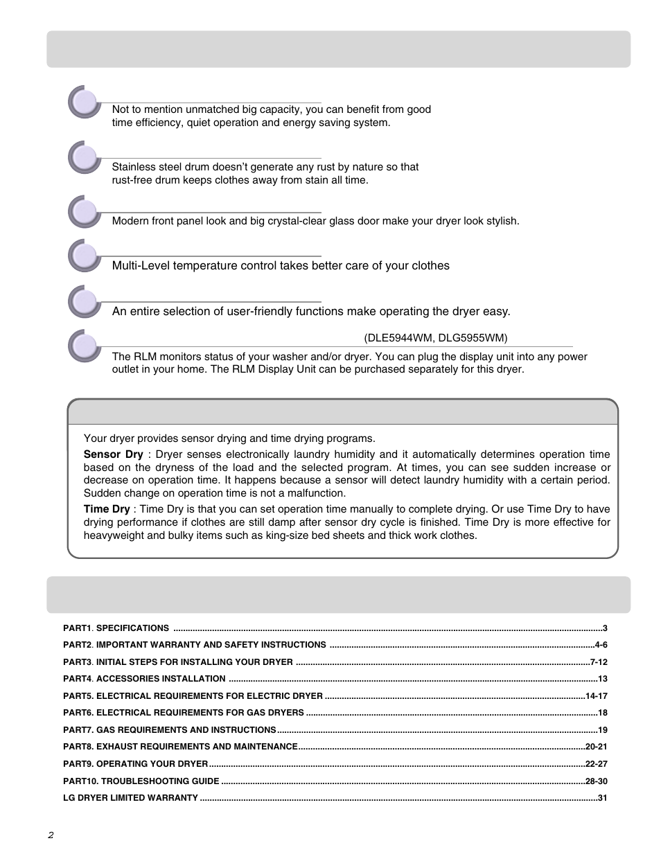 Product features table of contents | LG DLE0442S User Manual | Page 3 / 62