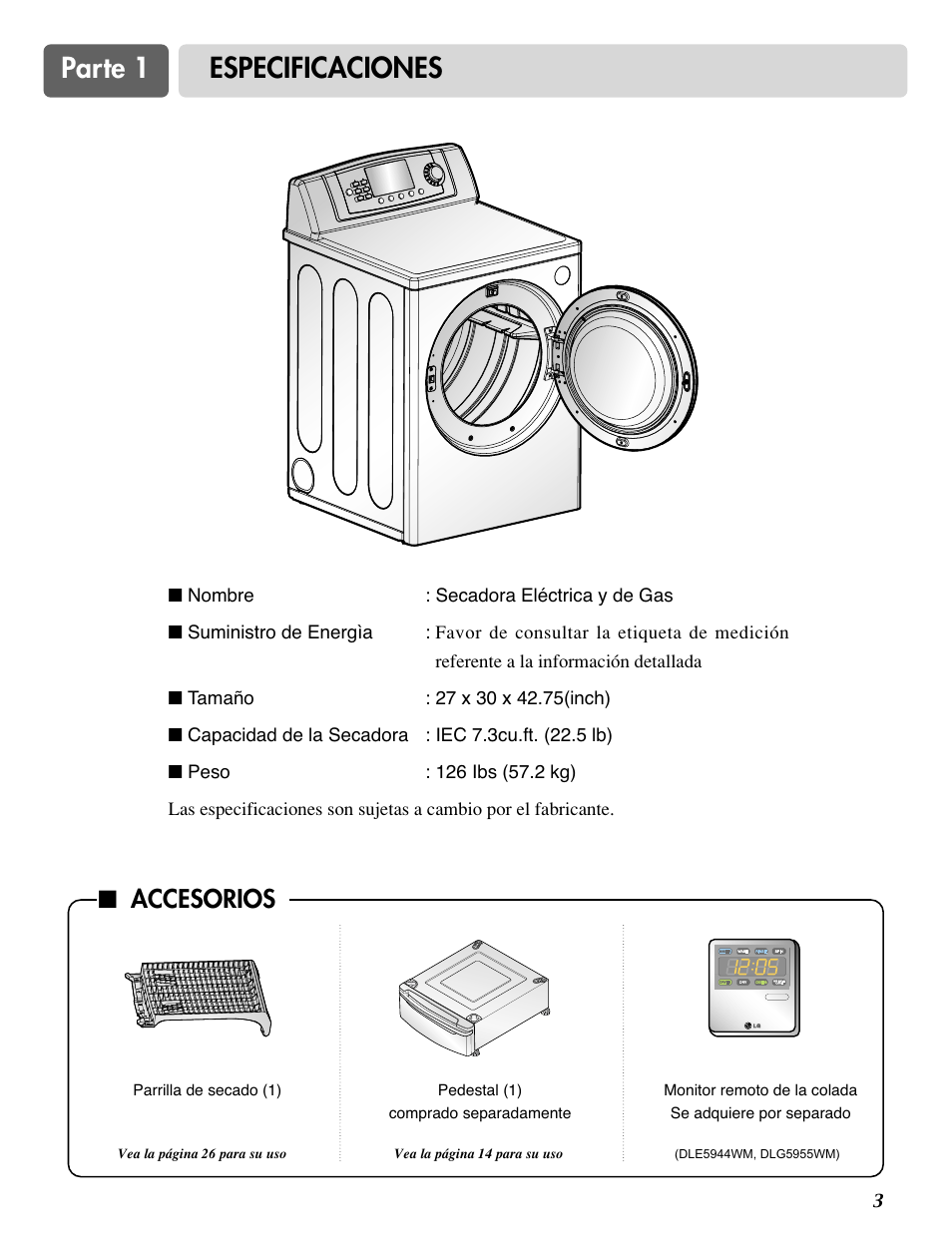 Parte 1 especificaciones, Accesorios | LG DLE0442S User Manual | Page 34 / 62