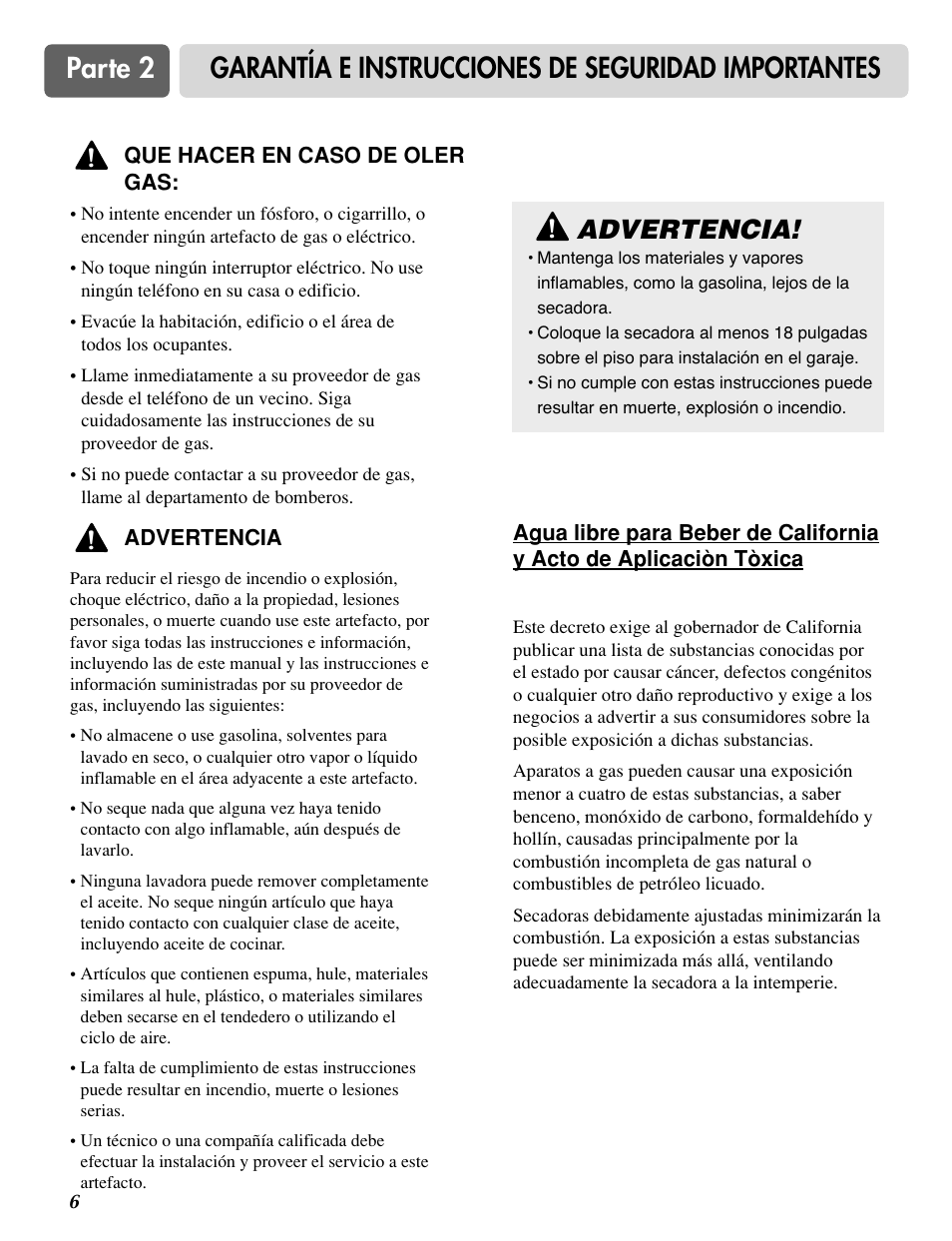 Parte 2, Garantía e instrucciones de seguridad importantes, Advertencia | LG DLE0442S User Manual | Page 37 / 62