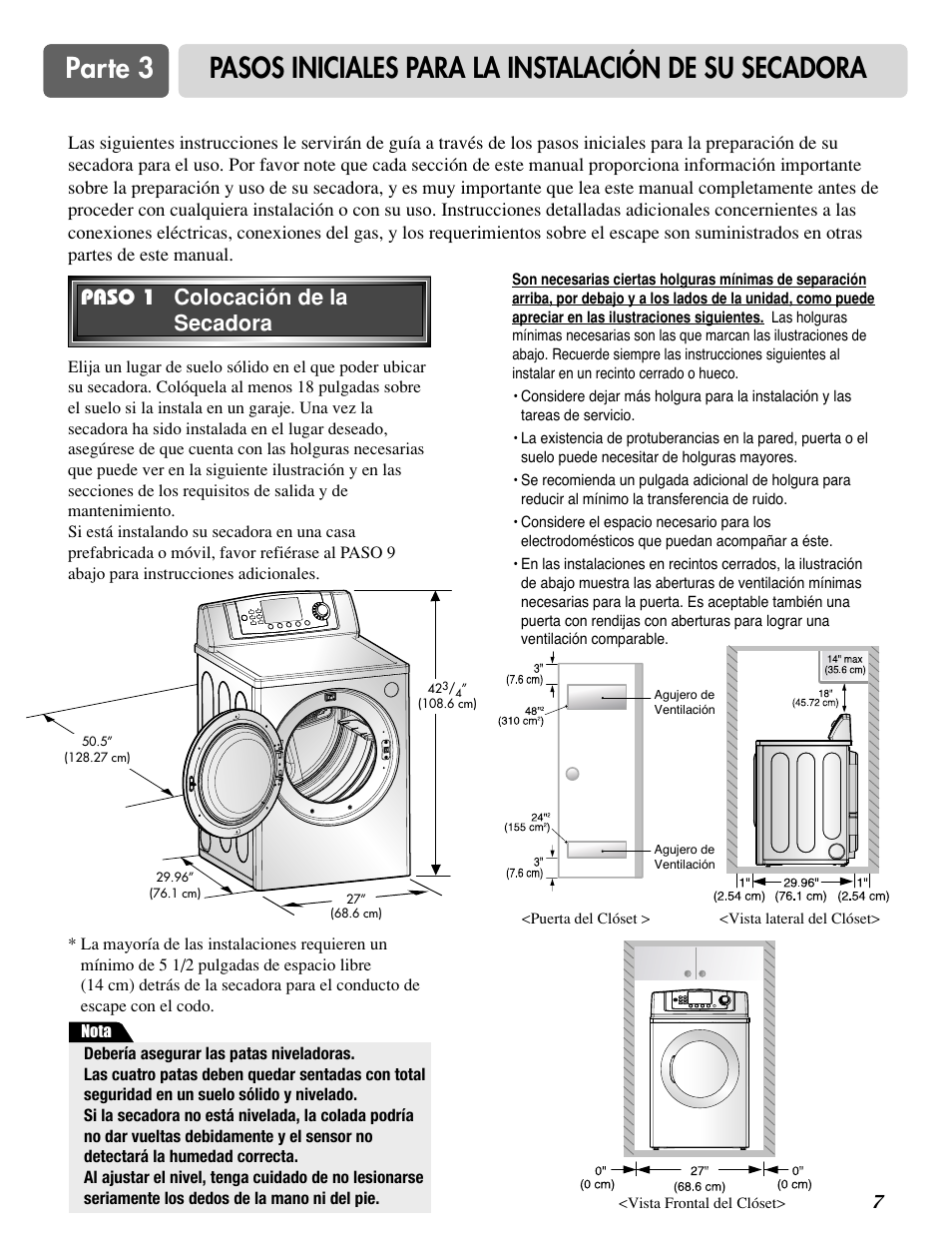 Paso 1 colocación de la secadora | LG DLE0442S User Manual | Page 38 / 62