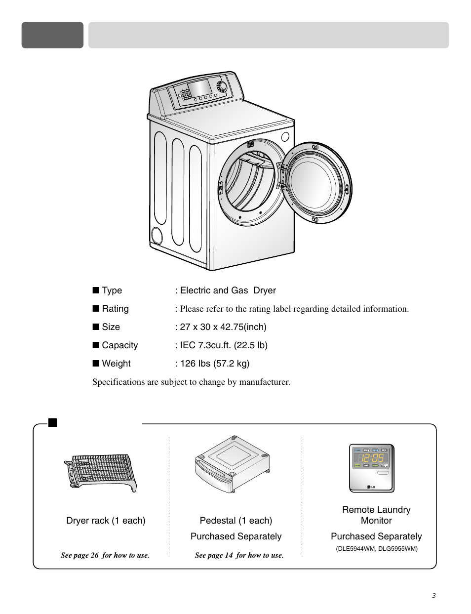 Part 1 specifications, Accessories | LG DLE0442S User Manual | Page 4 / 62