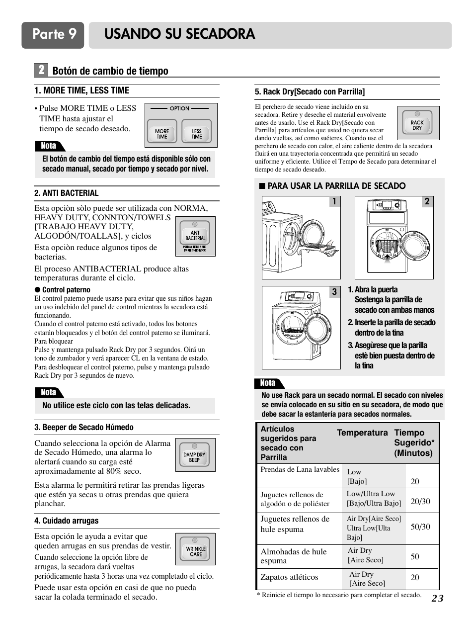 Parte 9 usando su secadora, 2botón de cambio de tiempo | LG DLE0442S User Manual | Page 54 / 62