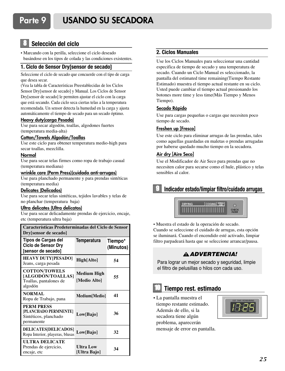 Parte 9 usando su secadora, 9indicador estado/limpiar filtro/cuidado arrugas, 28 8 selección del ciclo | 110 0 tiempo rest. estimado | LG DLE0442S User Manual | Page 56 / 62