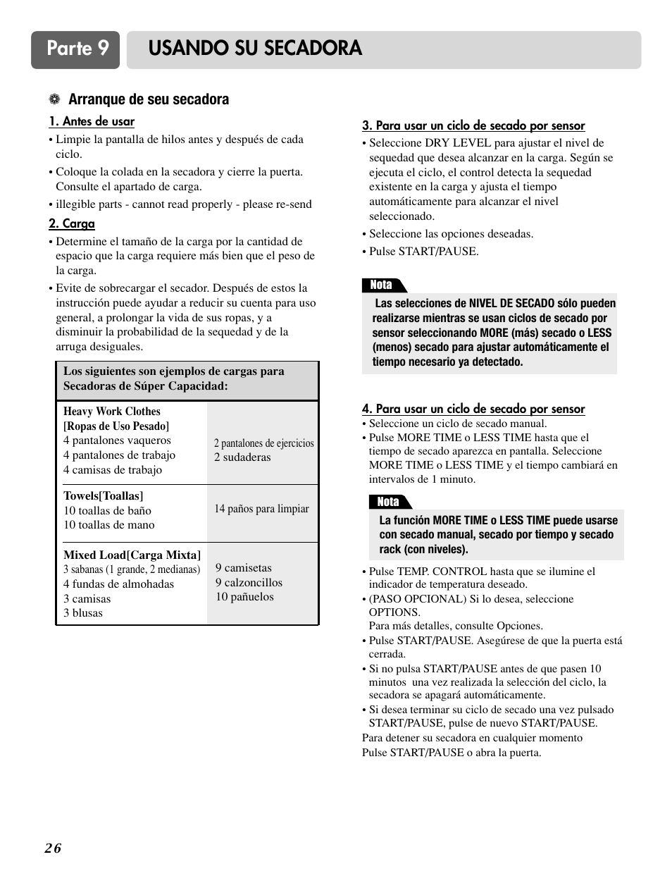 Parte 9 usando su secadora, Arranque de seu secadora | LG DLE0442S User Manual | Page 57 / 62