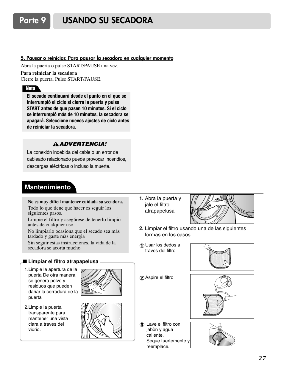 Parte 9 usando su secadora, Mantenimiento | LG DLE0442S User Manual | Page 58 / 62