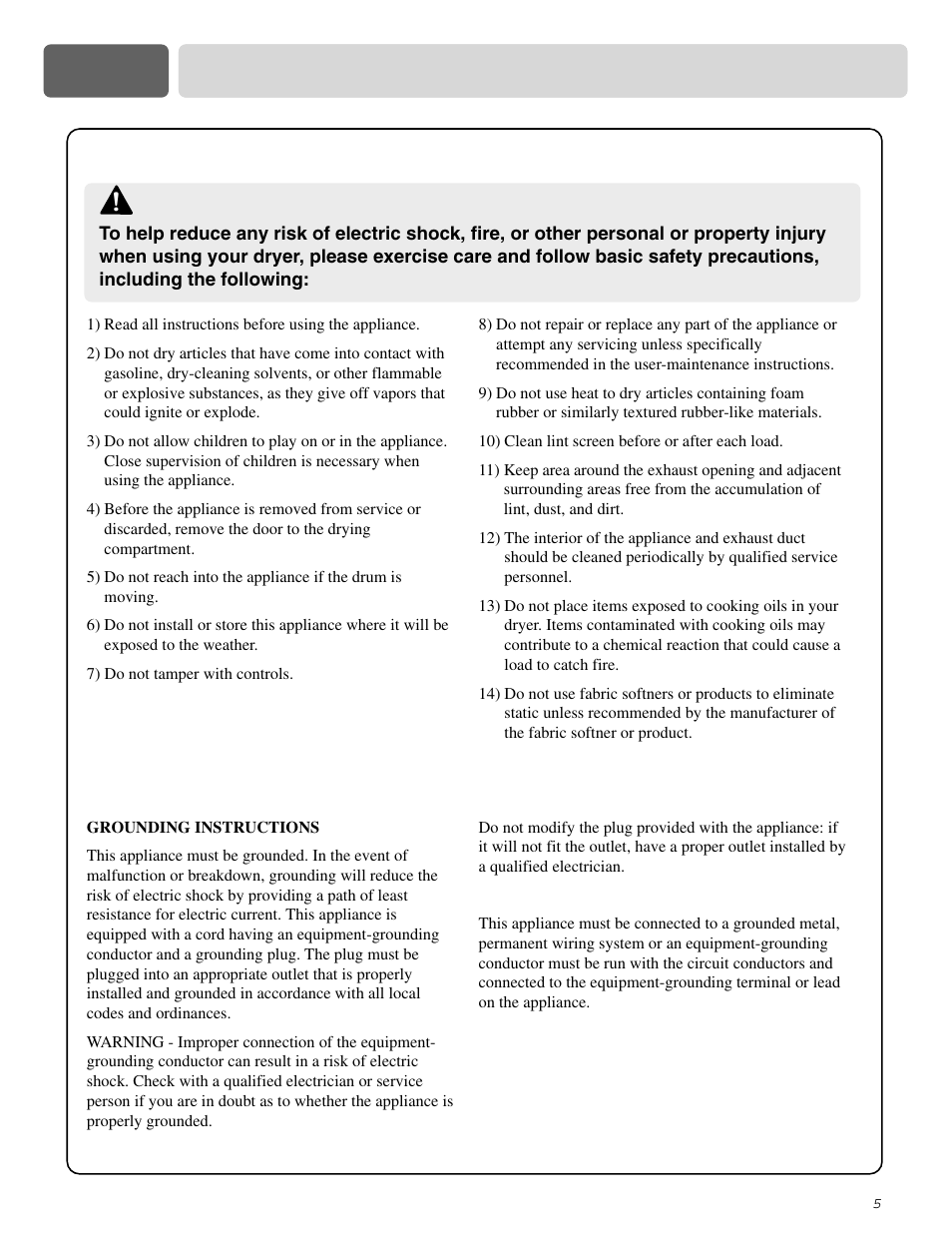 Part 2 important warranty and safety instructions, Warning | LG DLE0442S User Manual | Page 6 / 62