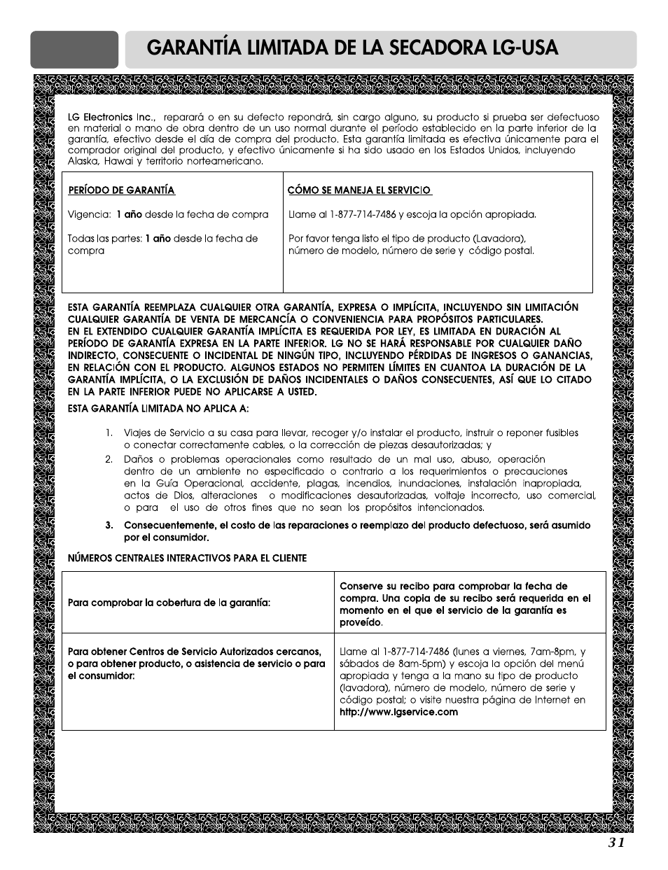 Garantía limitada de la secadora lg-usa | LG DLE0442S User Manual | Page 62 / 62