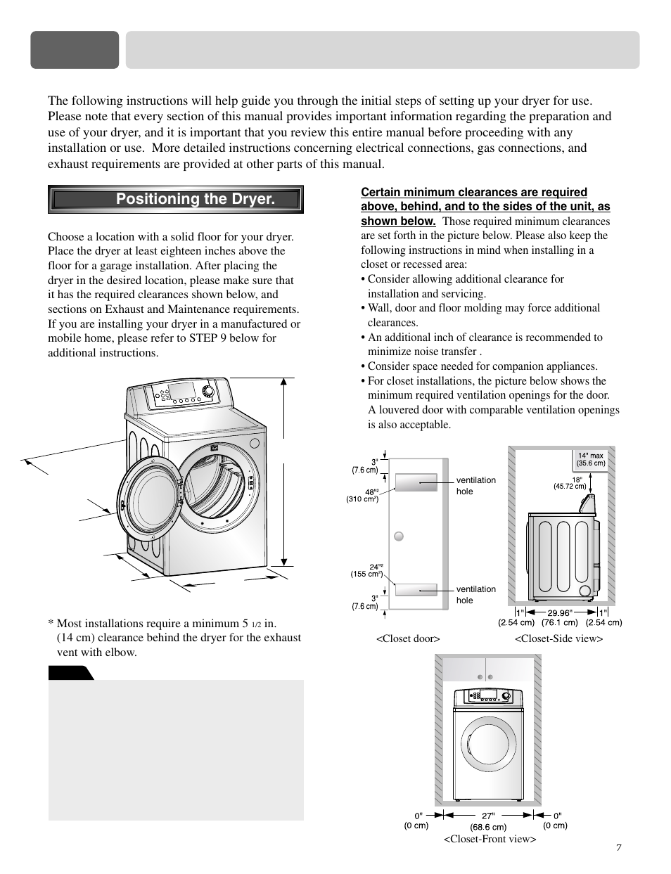 Part 3 initial steps for installing your dryer, Step 1 positioning the dryer | LG DLE0442S User Manual | Page 8 / 62