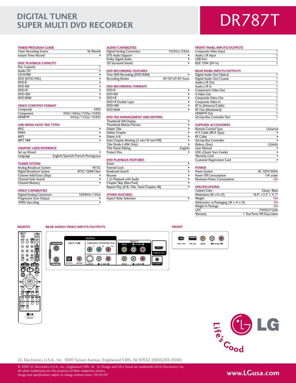Dr787t, Digital tuner super multi dvd recorder | LG DR787T User Manual | Page 2 / 2