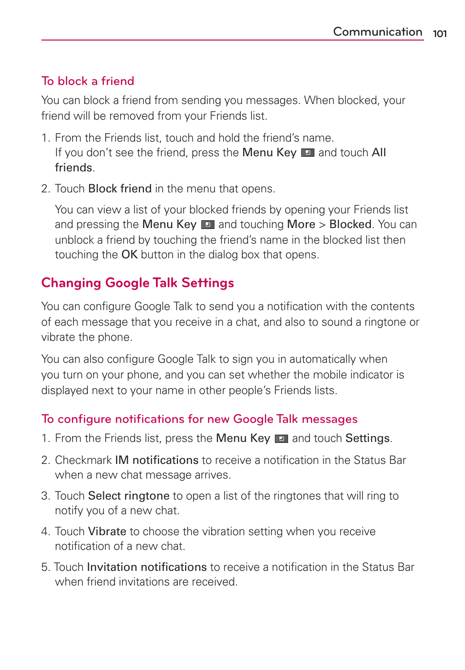 Changing google talk settings | LG AS680 User Manual | Page 103 / 182