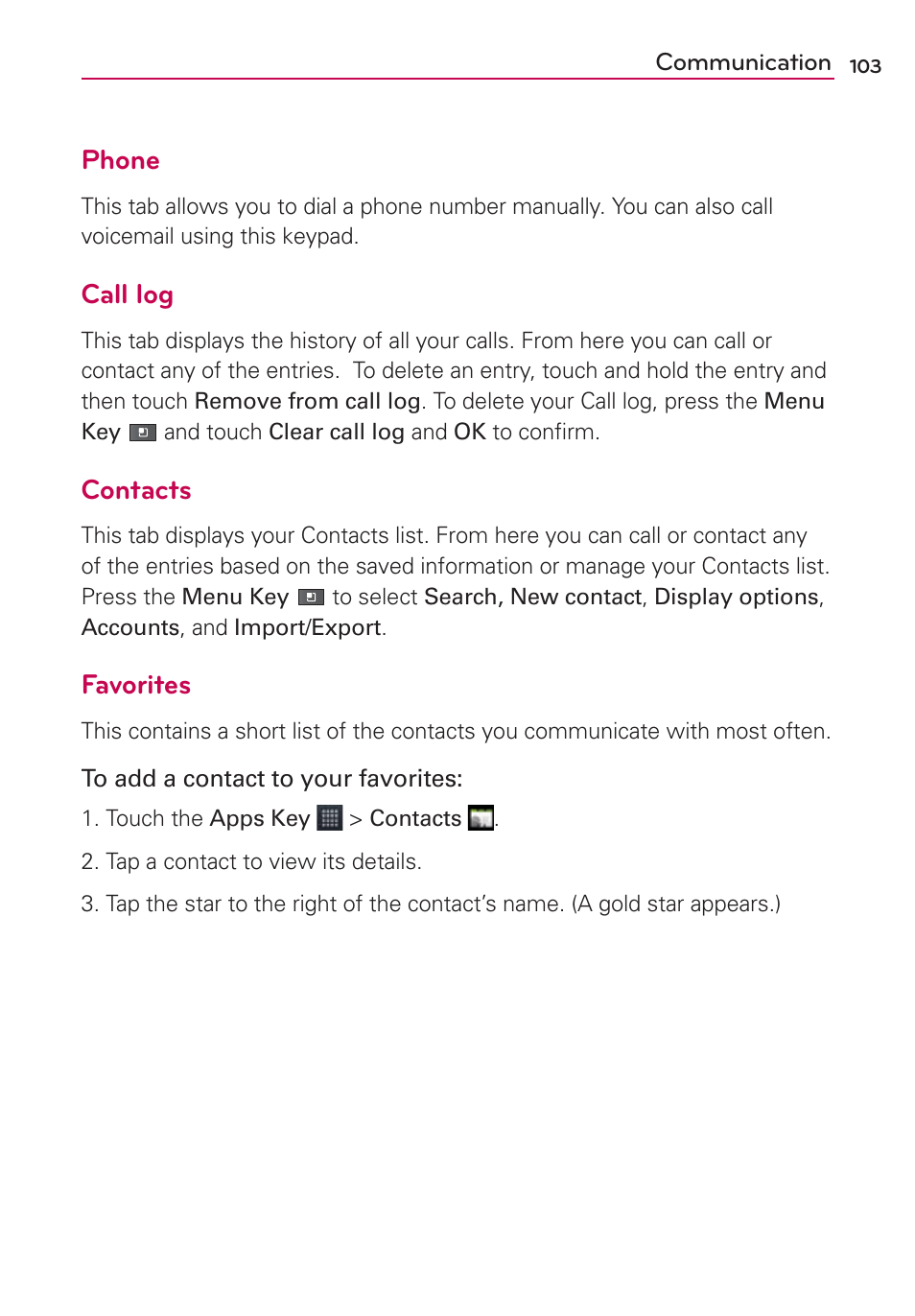 Phone, Call log, Contacts | Favorites | LG AS680 User Manual | Page 105 / 182