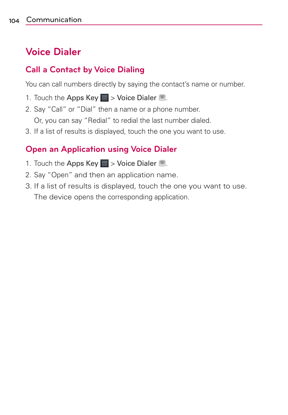 Voice dialer, Call a contact by voice dialing, Open an application using voice dialer | LG AS680 User Manual | Page 106 / 182