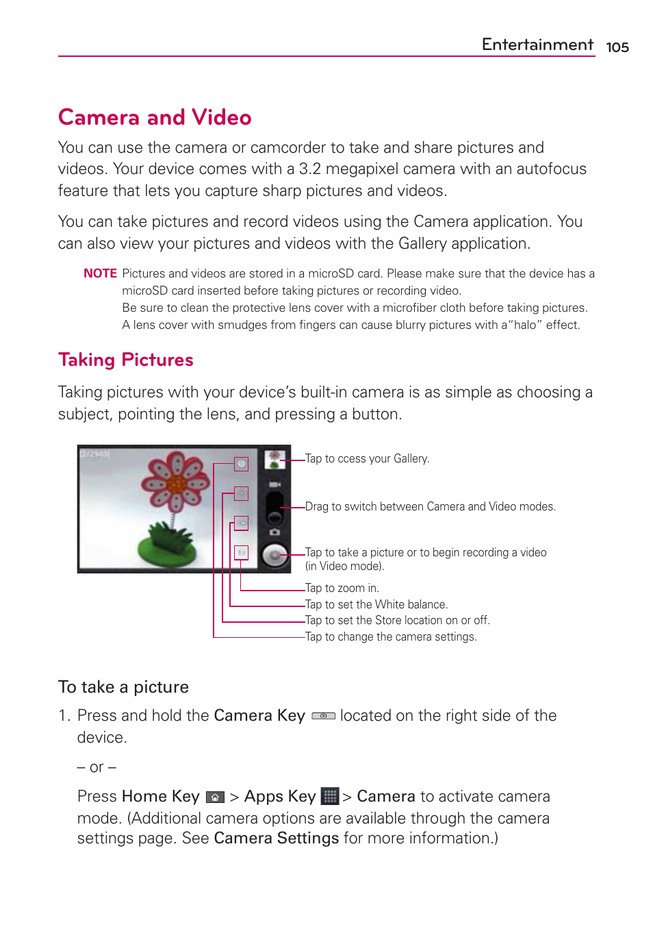 Entertainment, Camera and video, Taking pictures | LG AS680 User Manual | Page 107 / 182