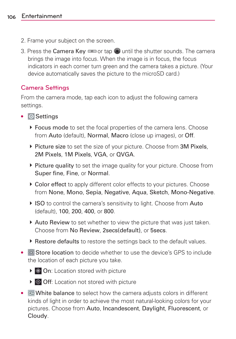Entertainment, Camera settings | LG AS680 User Manual | Page 108 / 182