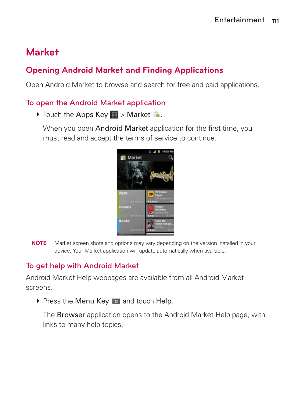 Market, Opening android market and finding applications | LG AS680 User Manual | Page 113 / 182