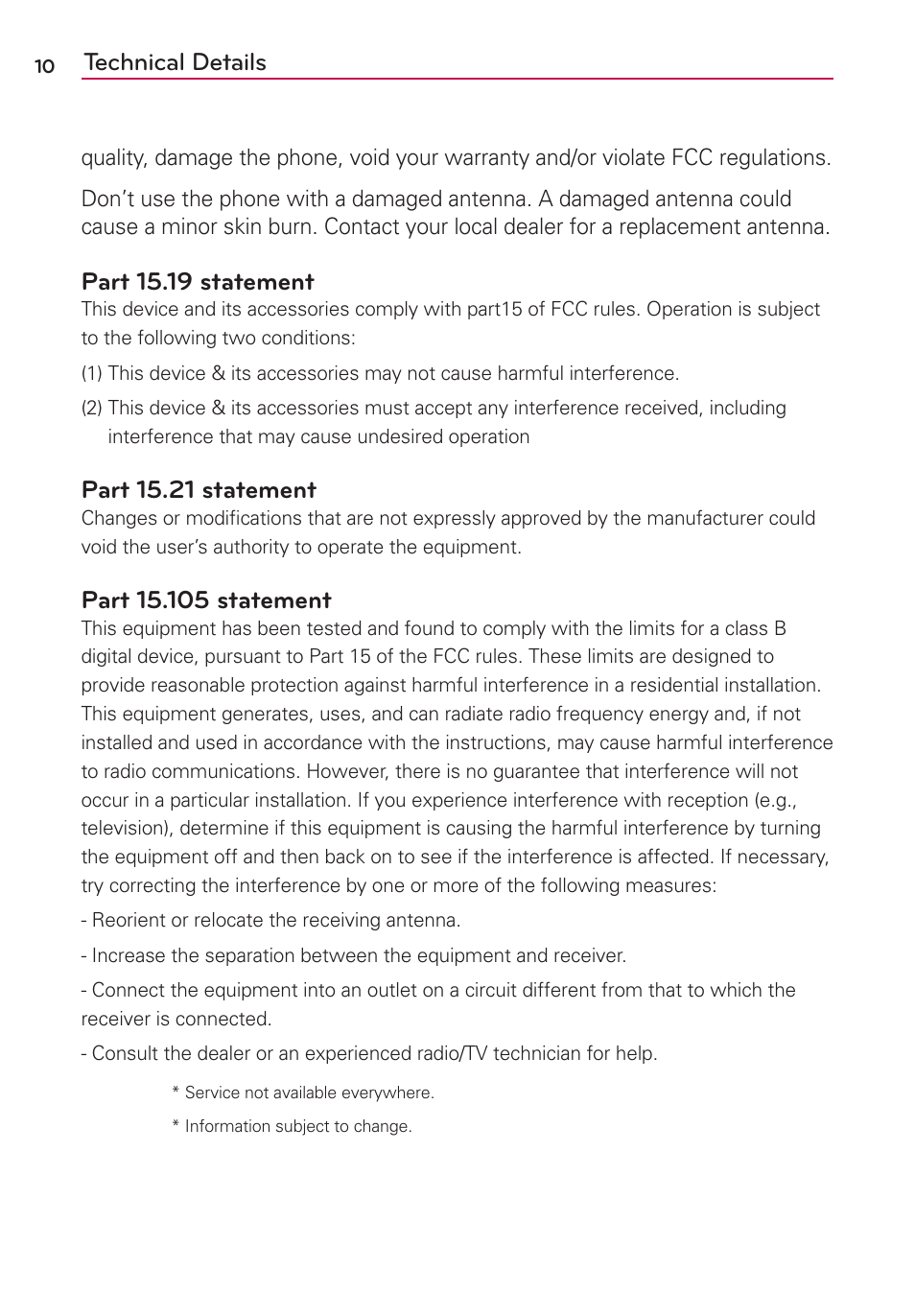 Technical details, Part 15.19 statement, Part 15.21 statement | LG AS680 User Manual | Page 12 / 182