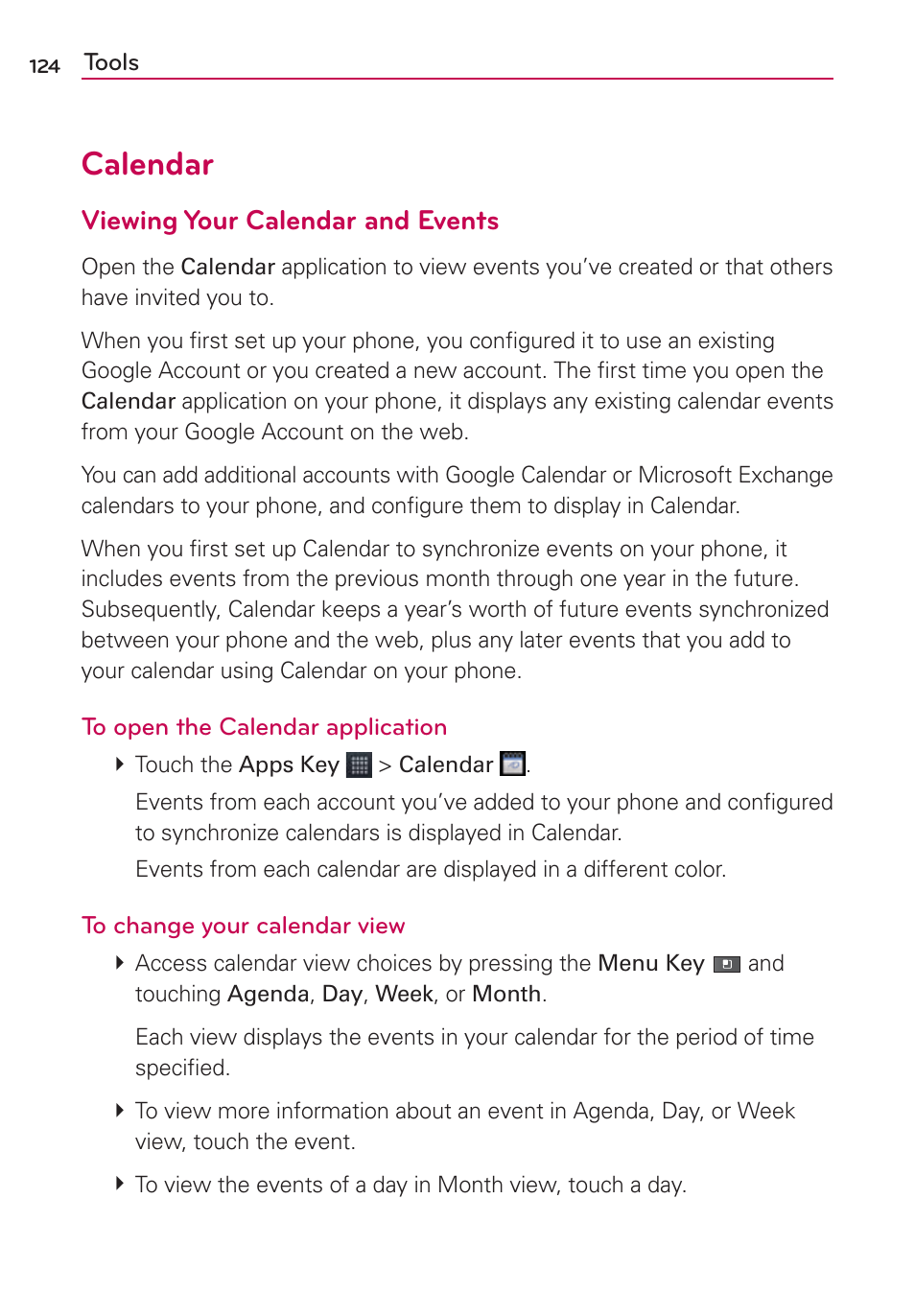 Tools, Calendar, Viewing your calendar and events | LG AS680 User Manual | Page 126 / 182