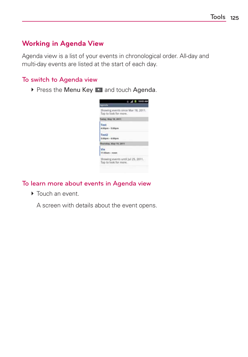 Working in agenda view | LG AS680 User Manual | Page 127 / 182