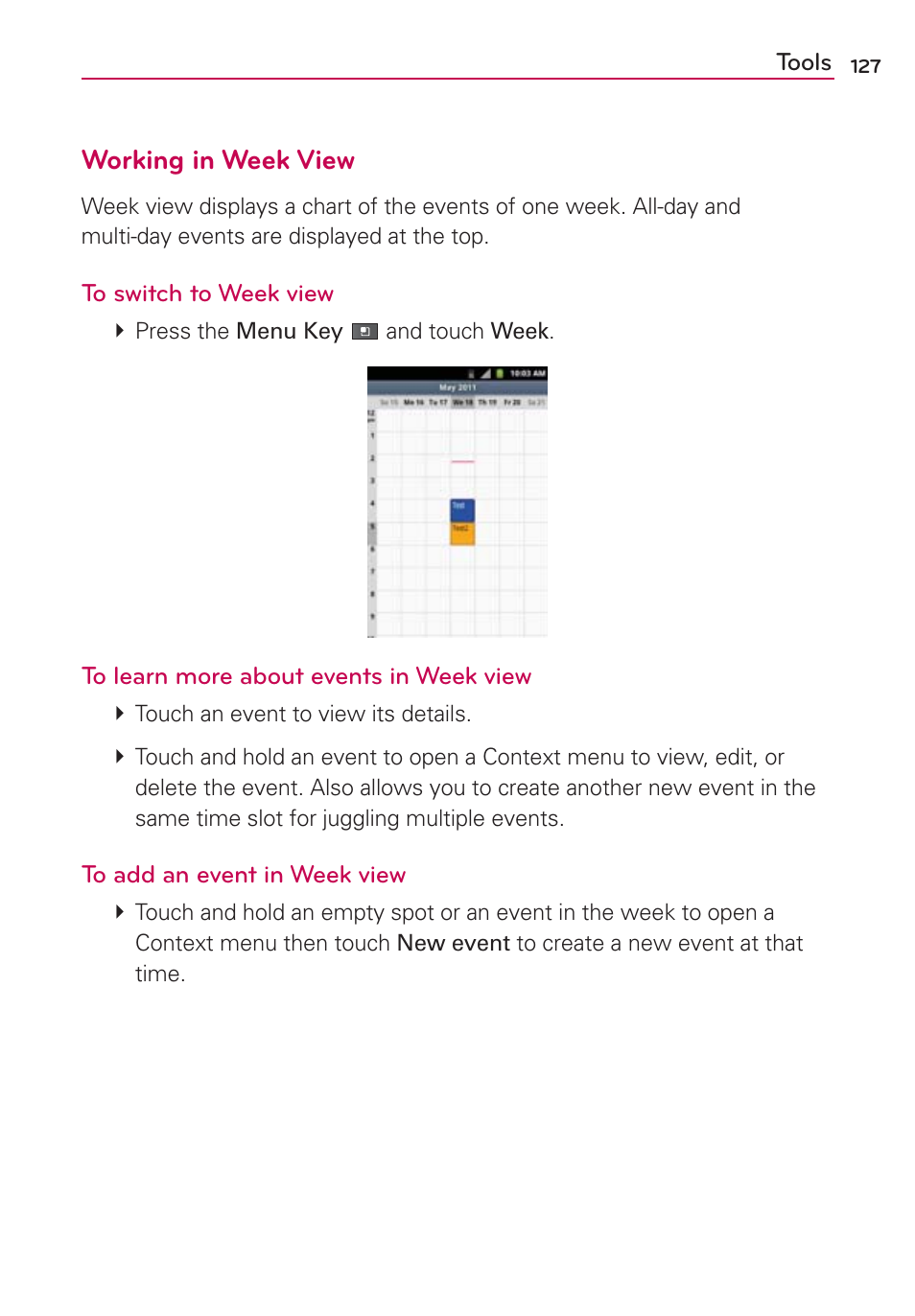 Working in week view | LG AS680 User Manual | Page 129 / 182