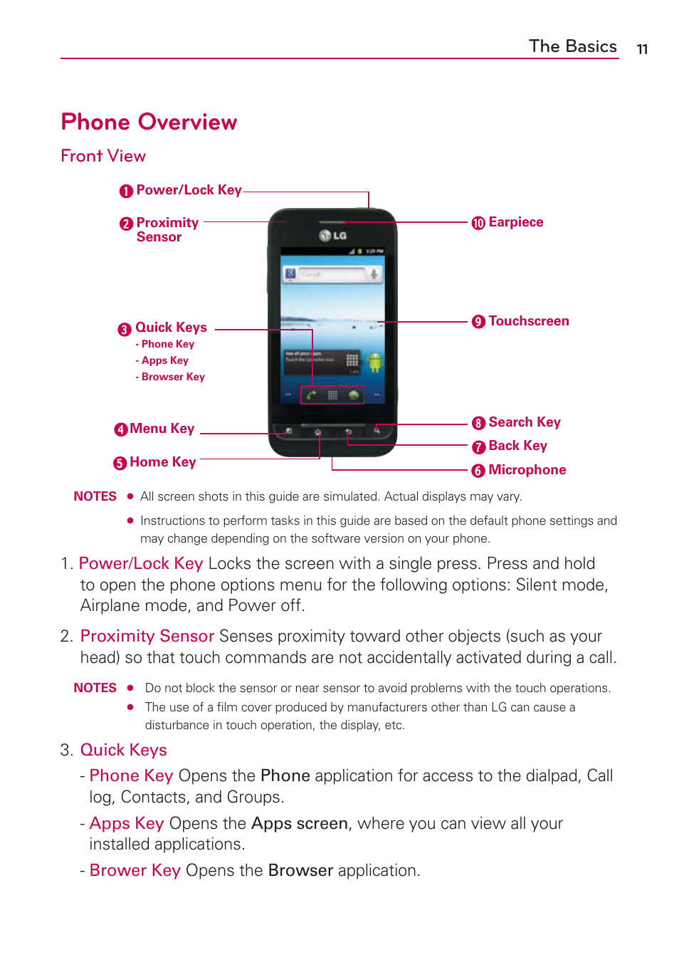 The basics, Phone overview, Front view | LG AS680 User Manual | Page 13 / 182