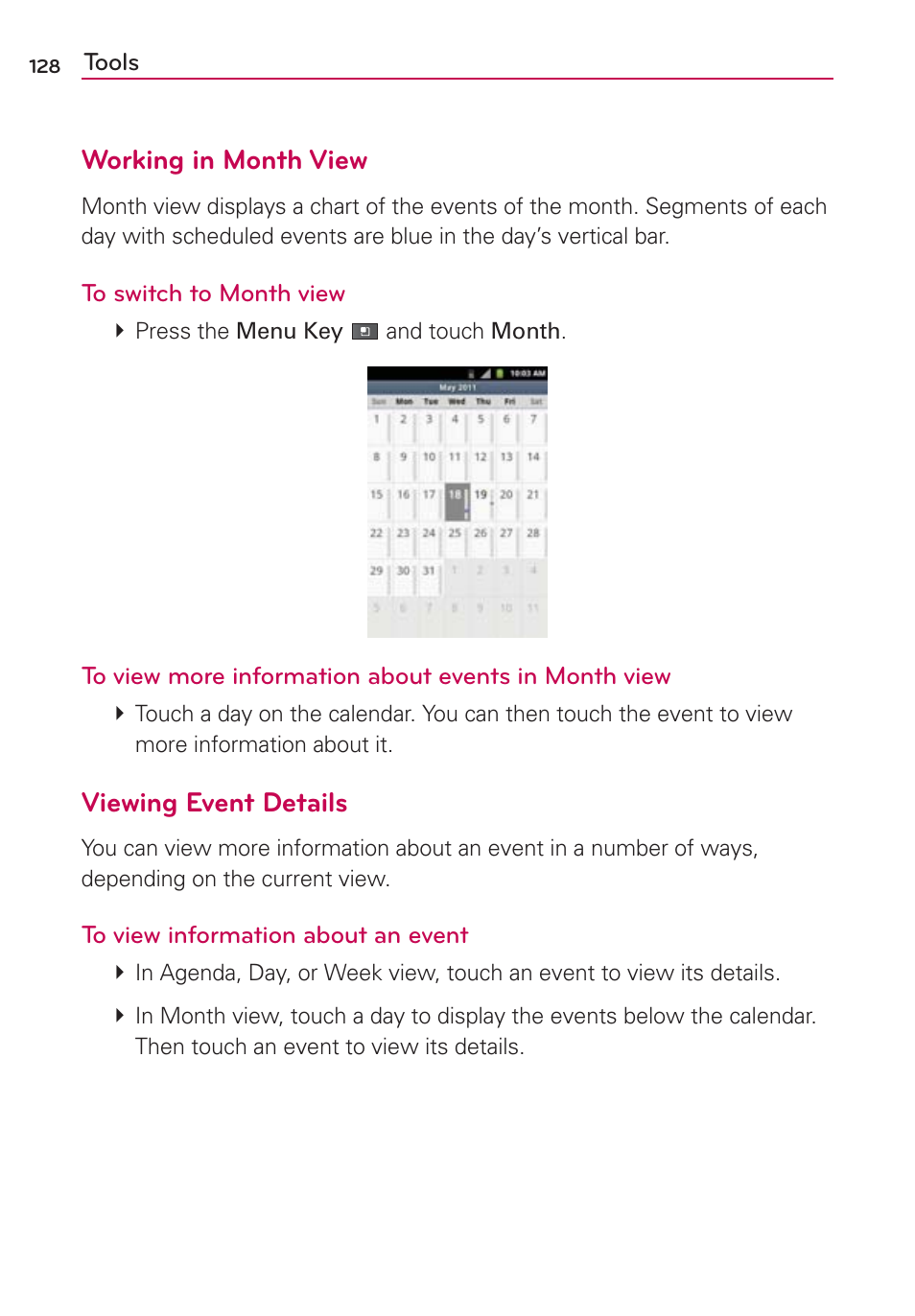 Working in month view, Viewing event details | LG AS680 User Manual | Page 130 / 182