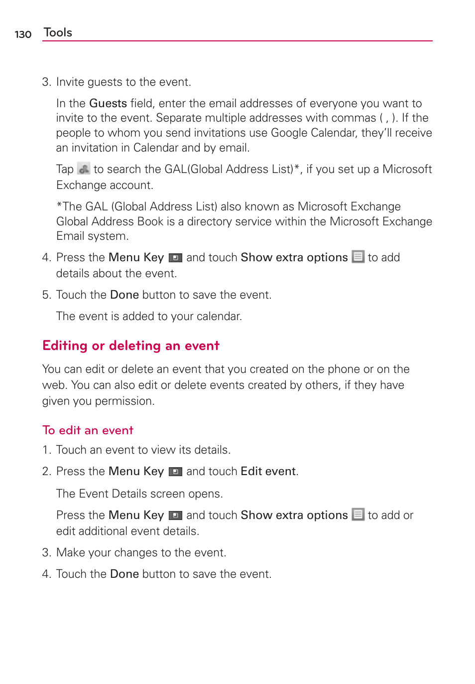 Editing or deleting an event | LG AS680 User Manual | Page 132 / 182