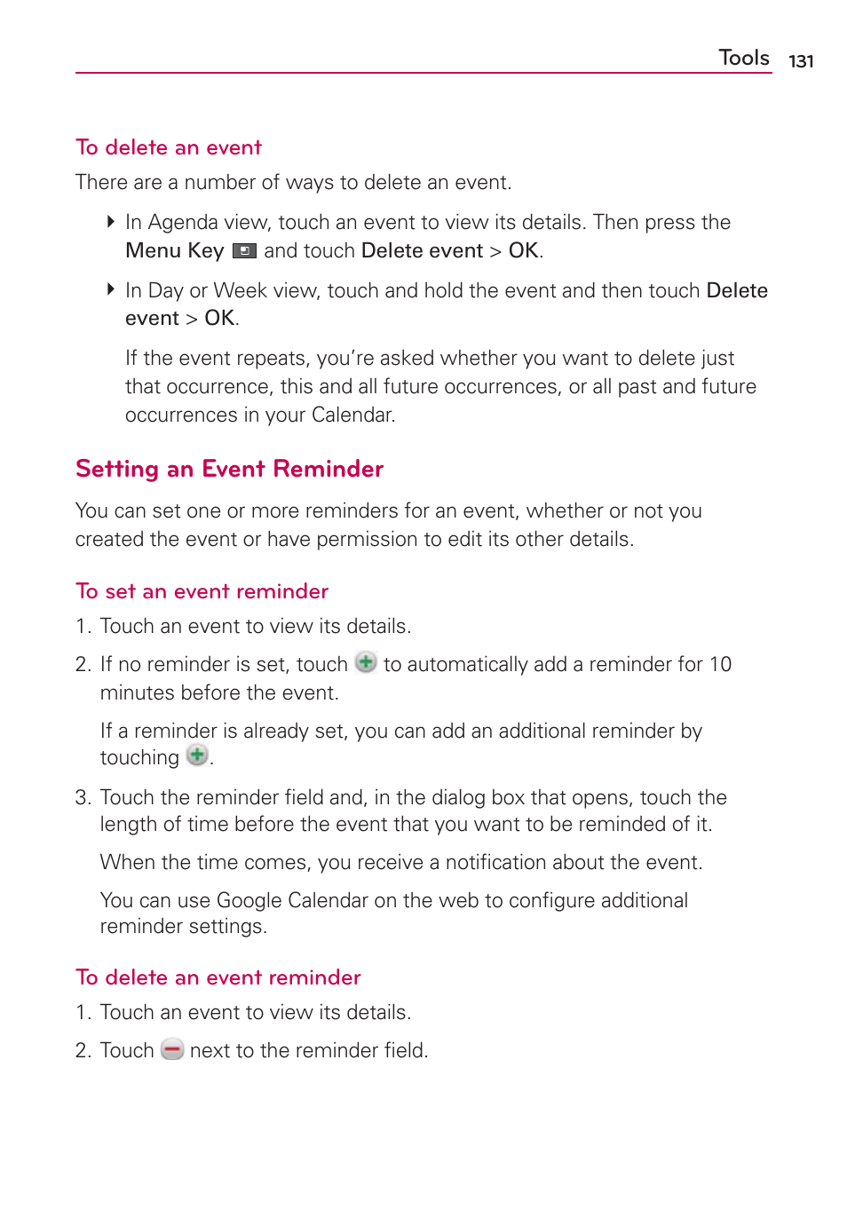 Setting an event reminder | LG AS680 User Manual | Page 133 / 182