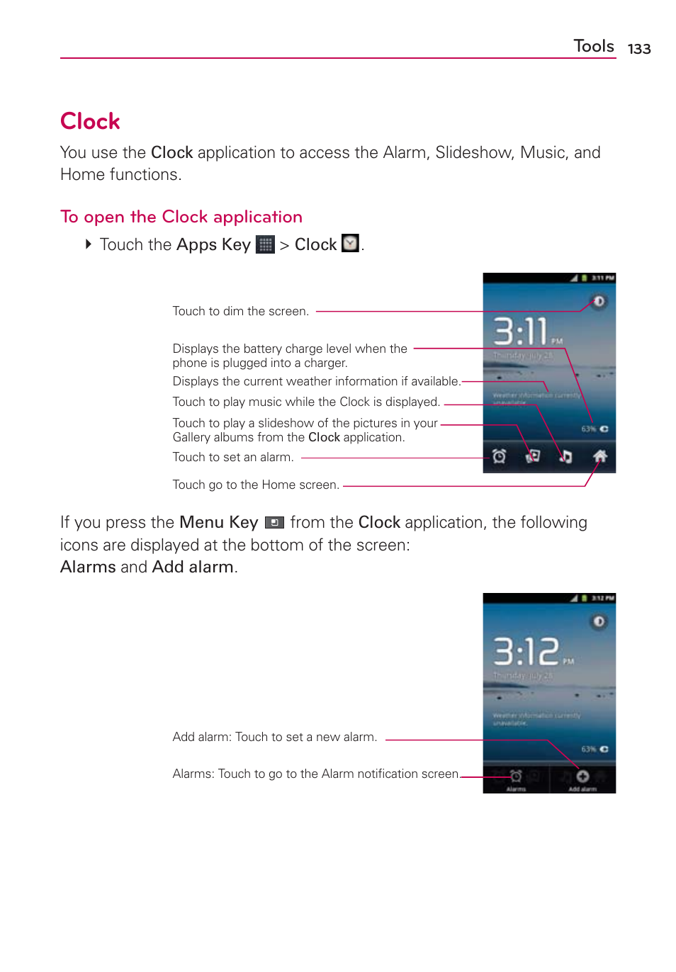 Clock, Tools | LG AS680 User Manual | Page 135 / 182