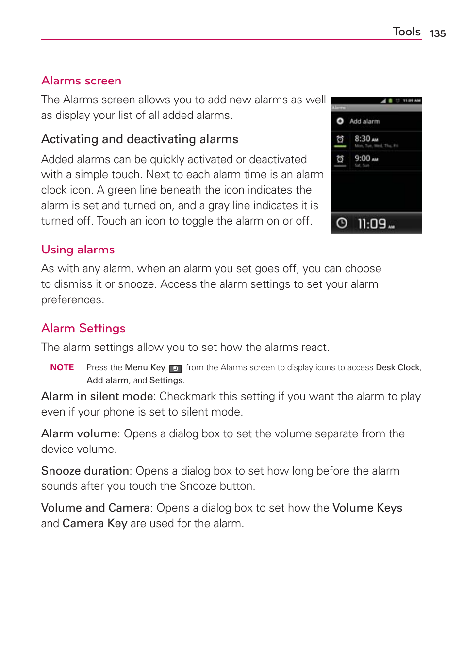 Tools alarms screen, Using alarms, Alarm settings | LG AS680 User Manual | Page 137 / 182