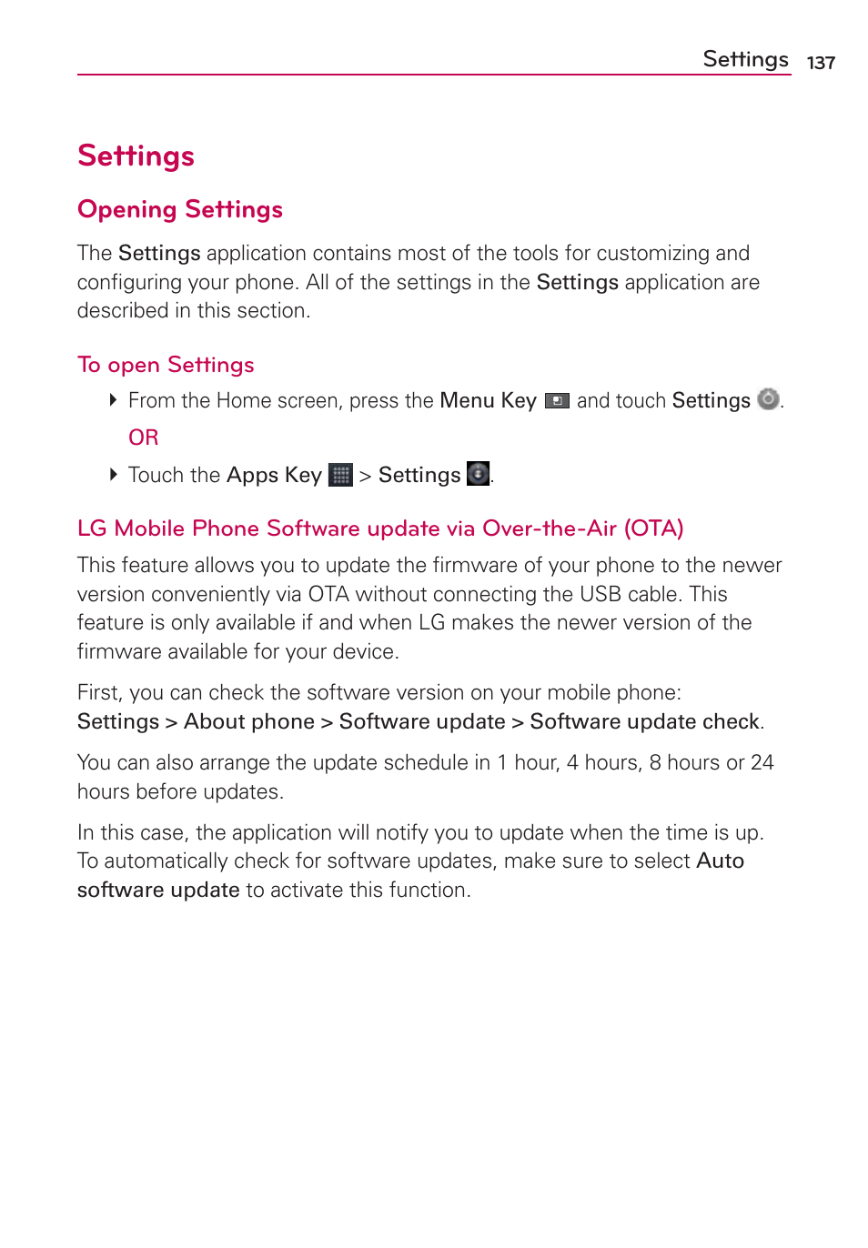 Settings, Opening settings | LG AS680 User Manual | Page 139 / 182