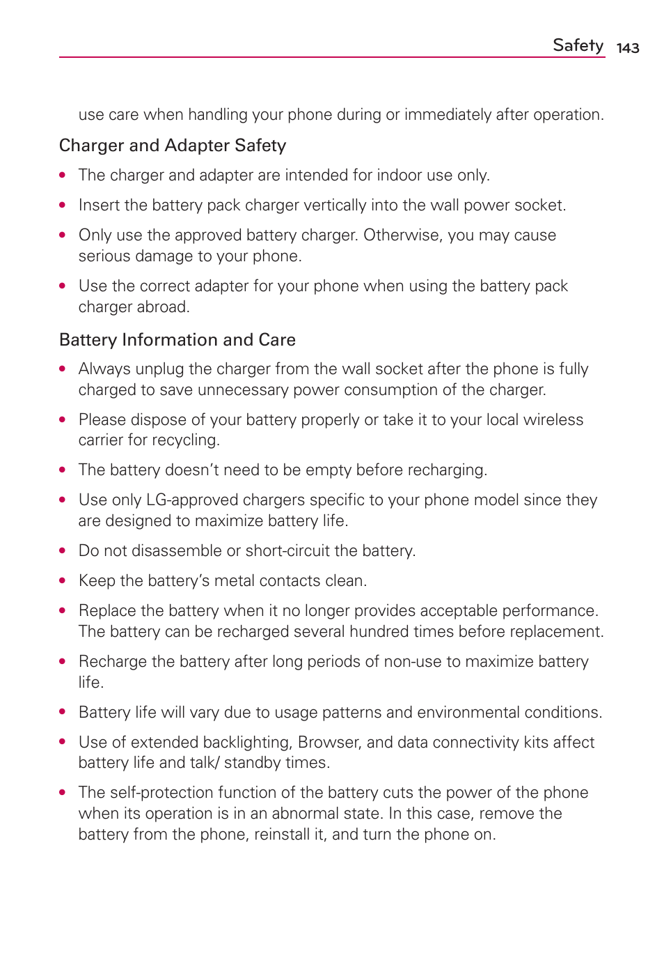 Safety, Charger and adapter safety, Battery information and care | Do not disassemble or short-circuit the battery, Keep the battery’s metal contacts clean | LG AS680 User Manual | Page 145 / 182