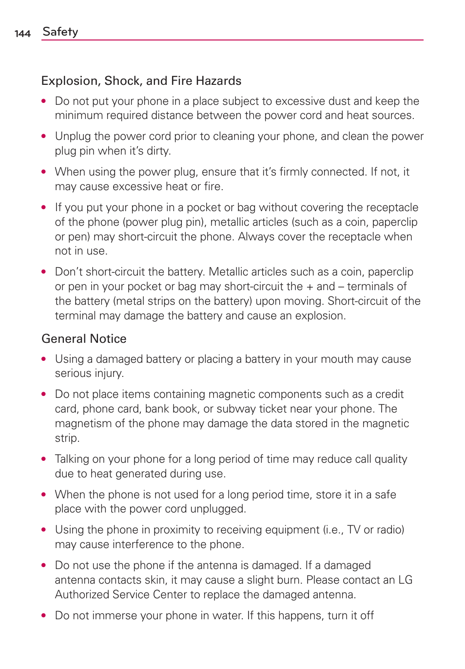 Safety, Explosion, shock, and fire hazards, General notice | LG AS680 User Manual | Page 146 / 182