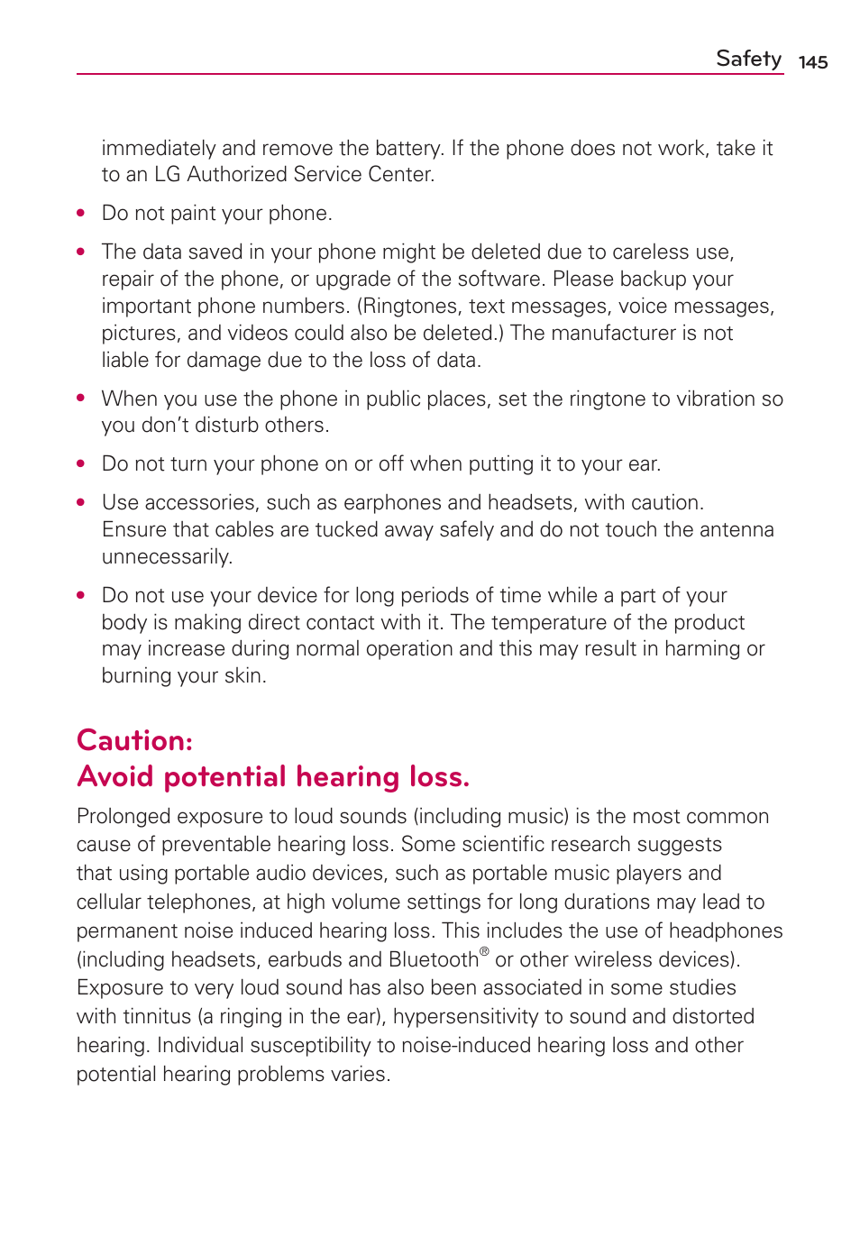 Caution:avoid potential hearing loss, Caution: avoid potential hearing loss, Safety | LG AS680 User Manual | Page 147 / 182