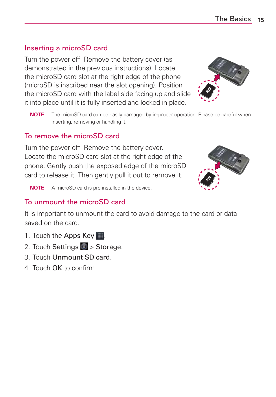 The basics inserting a microsd card | LG AS680 User Manual | Page 17 / 182