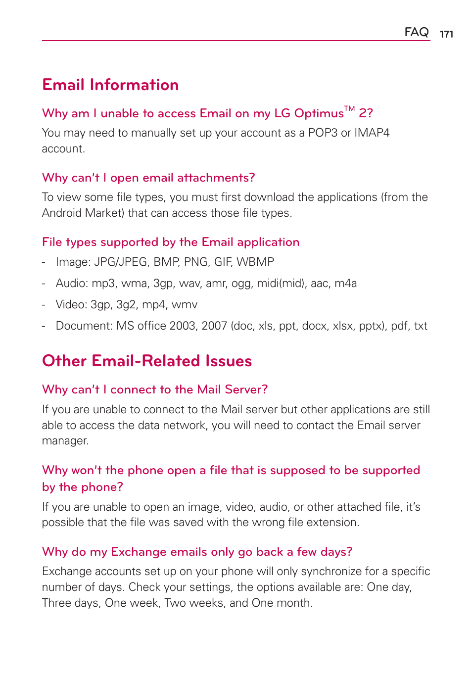 Email information, Other email-related issues | LG AS680 User Manual | Page 173 / 182