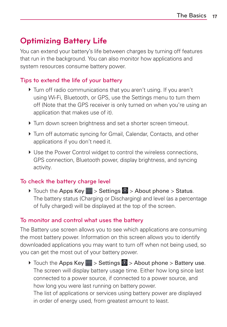 Optimizing battery life | LG AS680 User Manual | Page 19 / 182