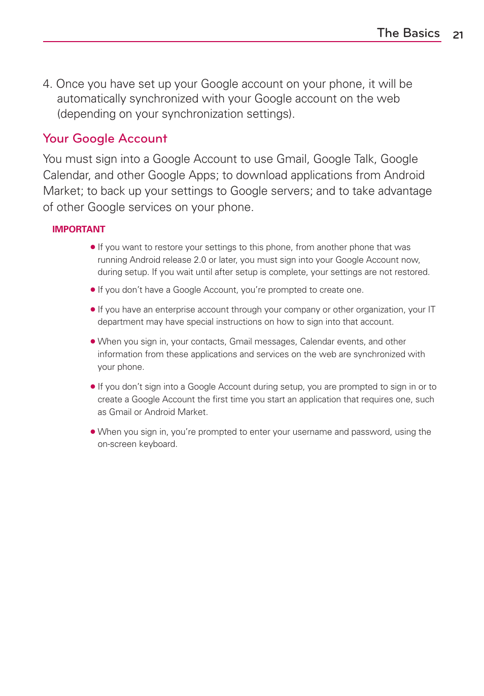 The basics, Your google account | LG AS680 User Manual | Page 23 / 182