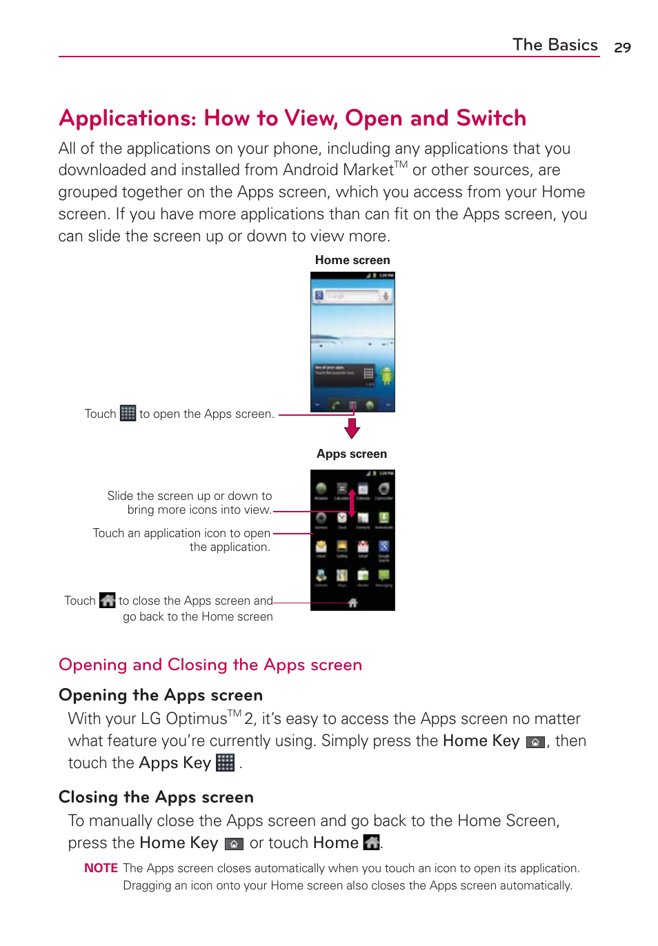Applications: how to view, open and switch, The basics, Closing the apps screen | LG AS680 User Manual | Page 31 / 182