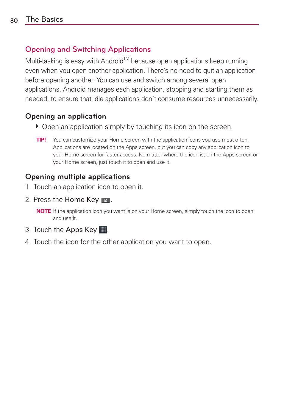 The basics opening and switching applications, Opening an application, Opening multiple applications | LG AS680 User Manual | Page 32 / 182