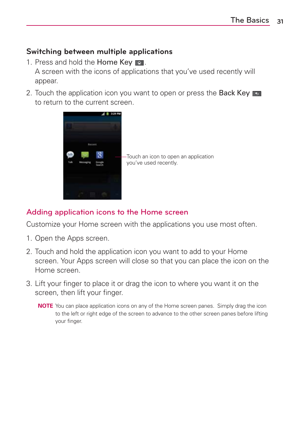 The basics switching between multiple applications, Adding application icons to the home screen | LG AS680 User Manual | Page 33 / 182