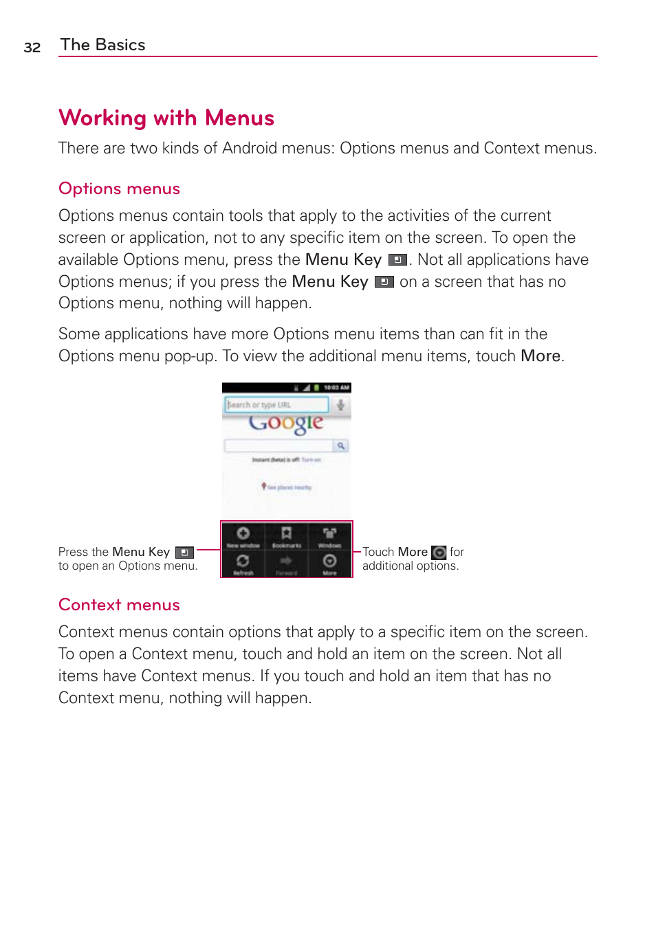 Working with menus, The basics, Options menus | Context menus | LG AS680 User Manual | Page 34 / 182